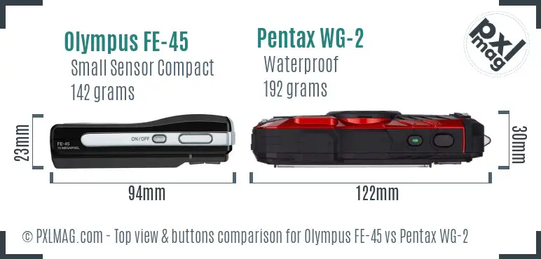 Olympus FE-45 vs Pentax WG-2 top view buttons comparison