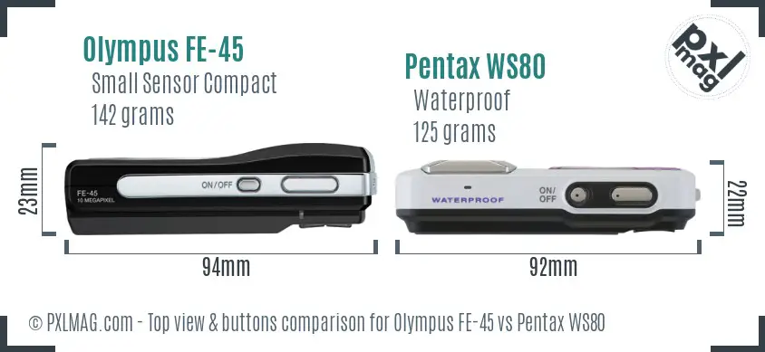 Olympus FE-45 vs Pentax WS80 top view buttons comparison