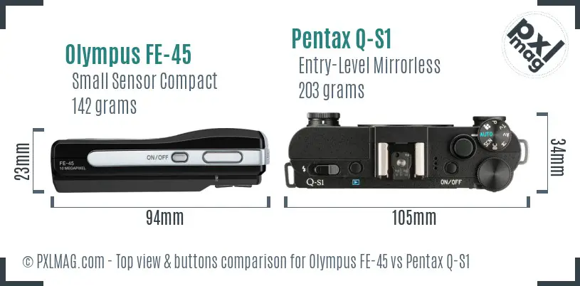 Olympus FE-45 vs Pentax Q-S1 top view buttons comparison
