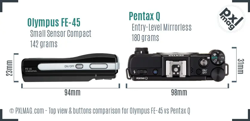 Olympus FE-45 vs Pentax Q top view buttons comparison