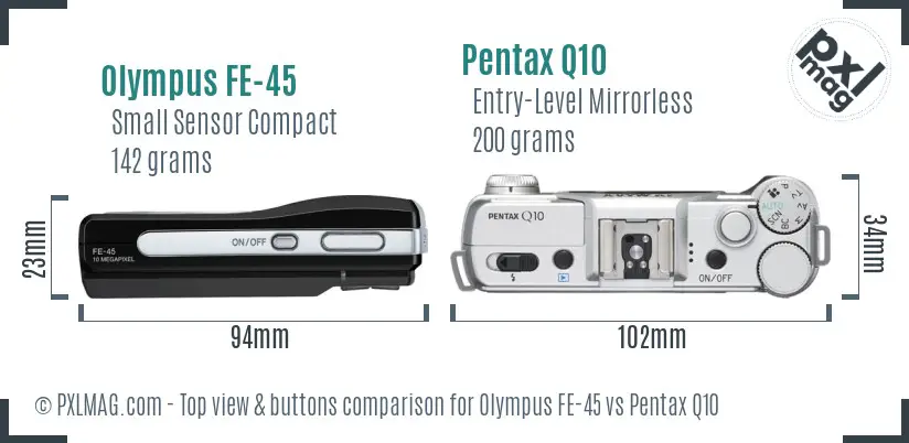 Olympus FE-45 vs Pentax Q10 top view buttons comparison