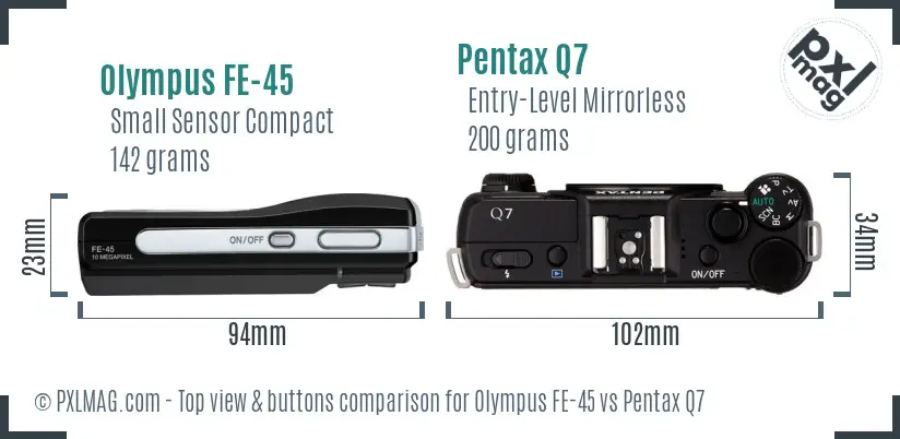 Olympus FE-45 vs Pentax Q7 top view buttons comparison