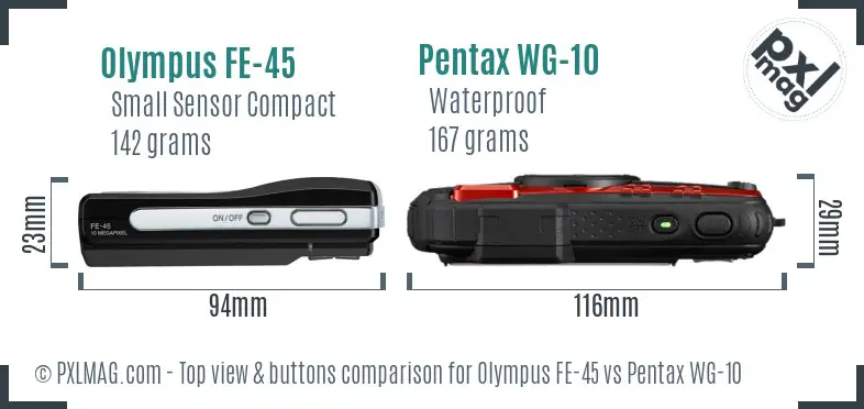 Olympus FE-45 vs Pentax WG-10 top view buttons comparison