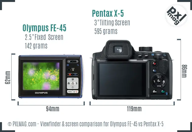 Olympus FE-45 vs Pentax X-5 Screen and Viewfinder comparison