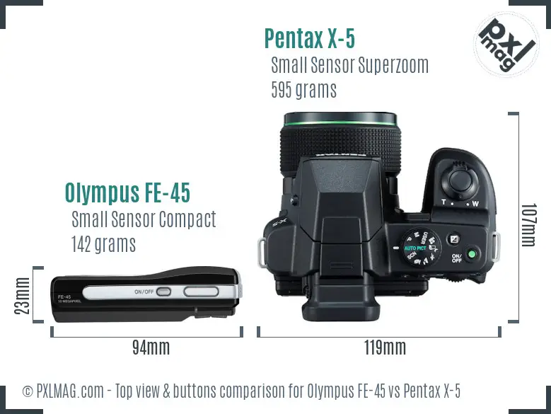 Olympus FE-45 vs Pentax X-5 top view buttons comparison