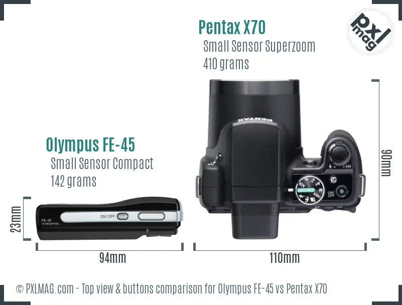 Olympus FE-45 vs Pentax X70 top view buttons comparison