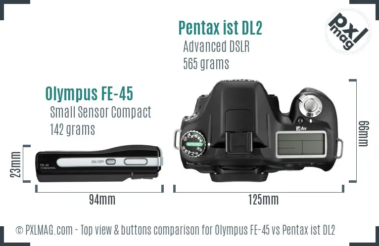 Olympus FE-45 vs Pentax ist DL2 top view buttons comparison