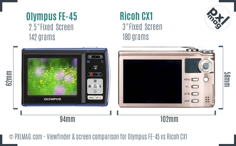 Olympus FE-45 vs Ricoh CX1 Screen and Viewfinder comparison