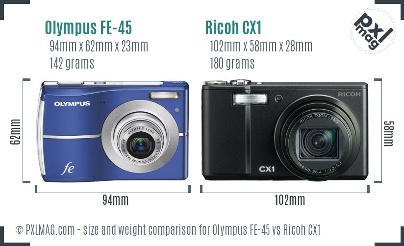 Olympus FE-45 vs Ricoh CX1 size comparison