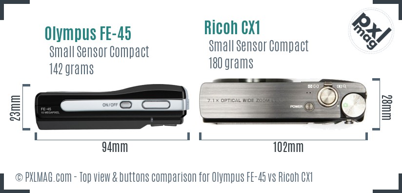 Olympus FE-45 vs Ricoh CX1 top view buttons comparison