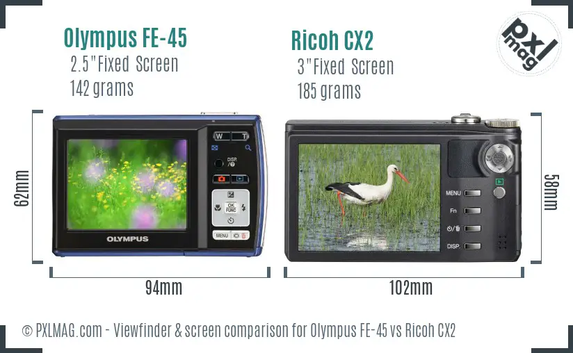 Olympus FE-45 vs Ricoh CX2 Screen and Viewfinder comparison