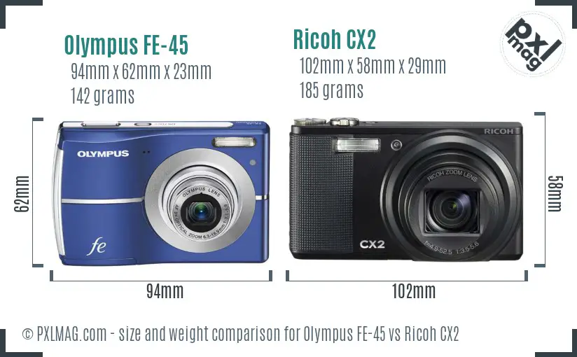 Olympus FE-45 vs Ricoh CX2 size comparison