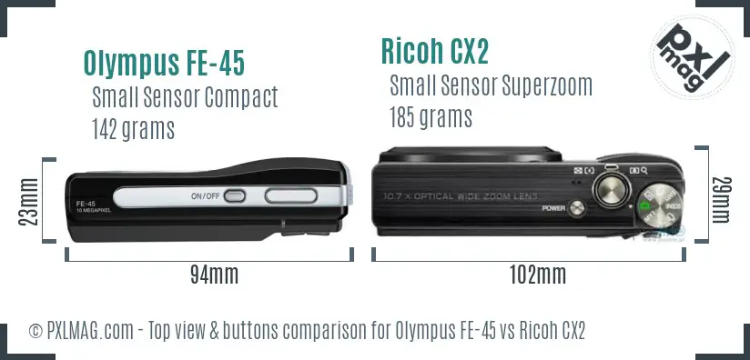 Olympus FE-45 vs Ricoh CX2 top view buttons comparison