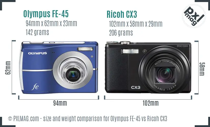 Olympus FE-45 vs Ricoh CX3 size comparison
