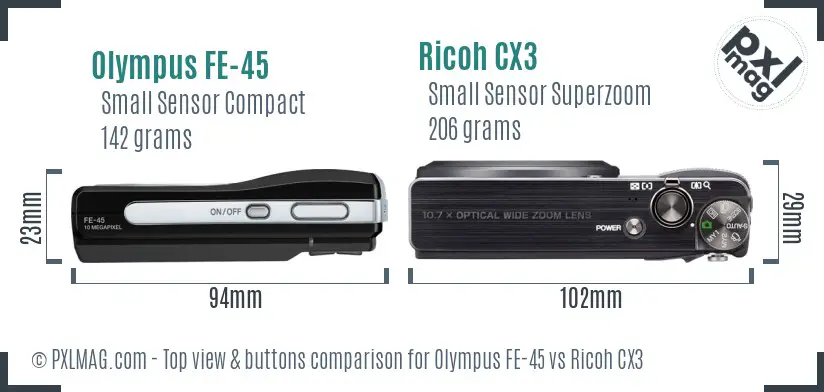 Olympus FE-45 vs Ricoh CX3 top view buttons comparison