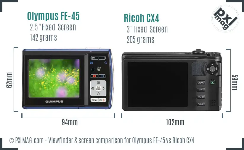 Olympus FE-45 vs Ricoh CX4 Screen and Viewfinder comparison