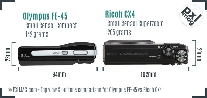 Olympus FE-45 vs Ricoh CX4 top view buttons comparison