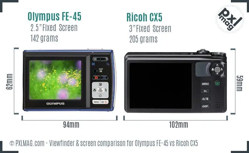 Olympus FE-45 vs Ricoh CX5 Screen and Viewfinder comparison