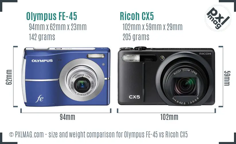 Olympus FE-45 vs Ricoh CX5 size comparison