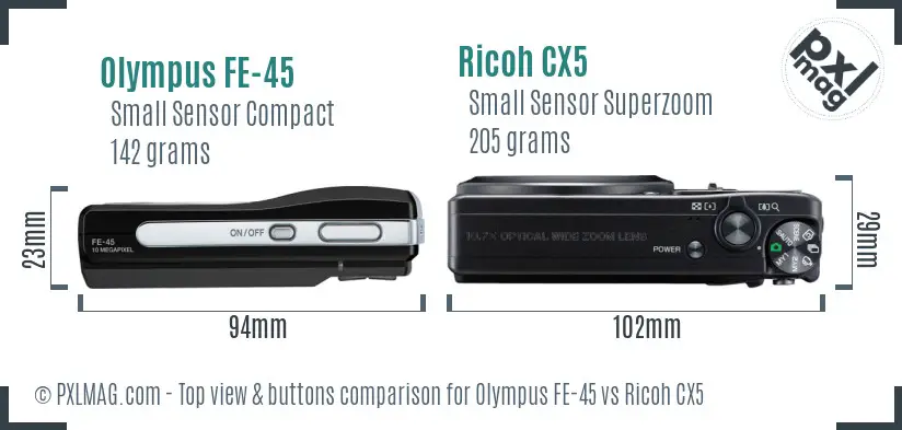 Olympus FE-45 vs Ricoh CX5 top view buttons comparison