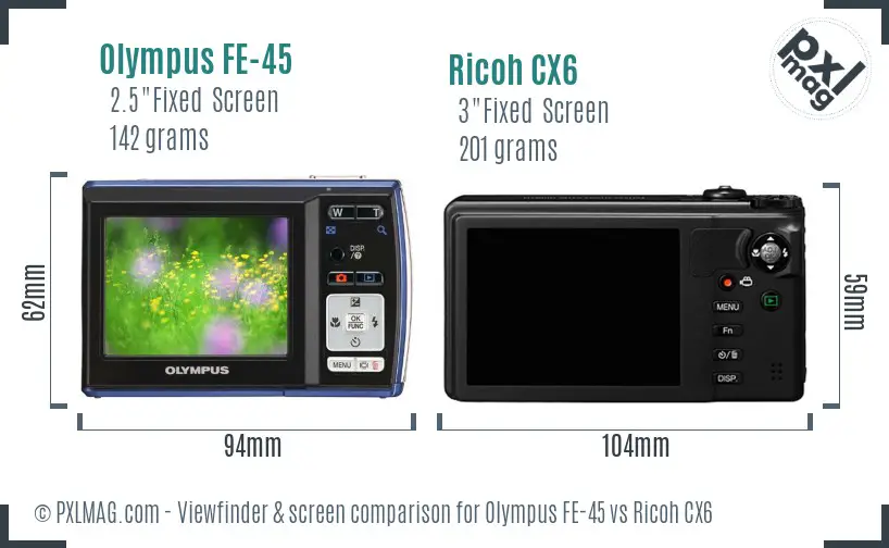 Olympus FE-45 vs Ricoh CX6 Screen and Viewfinder comparison