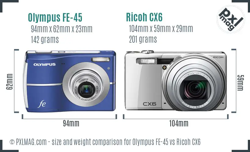 Olympus FE-45 vs Ricoh CX6 size comparison