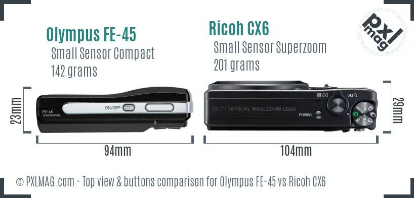 Olympus FE-45 vs Ricoh CX6 top view buttons comparison