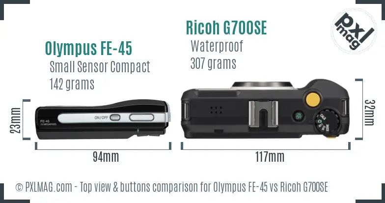 Olympus FE-45 vs Ricoh G700SE top view buttons comparison