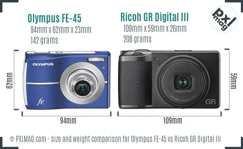 Olympus FE-45 vs Ricoh GR Digital III size comparison Olympus FE-45 vs Ricoh GR Digital III size comparison