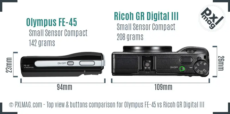 Olympus FE-45 vs Ricoh GR Digital III top view buttons comparison Olympus FE-45 vs Ricoh GR Digital III top view buttons comparison
