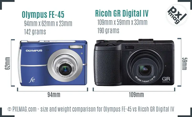 Olympus FE-45 vs Ricoh GR Digital IV size comparison