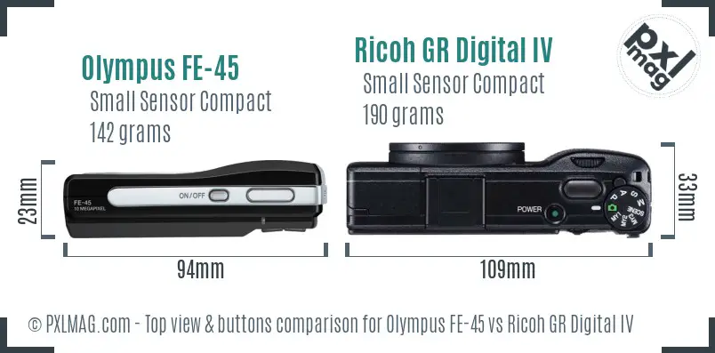 Olympus FE-45 vs Ricoh GR Digital IV top view buttons comparison