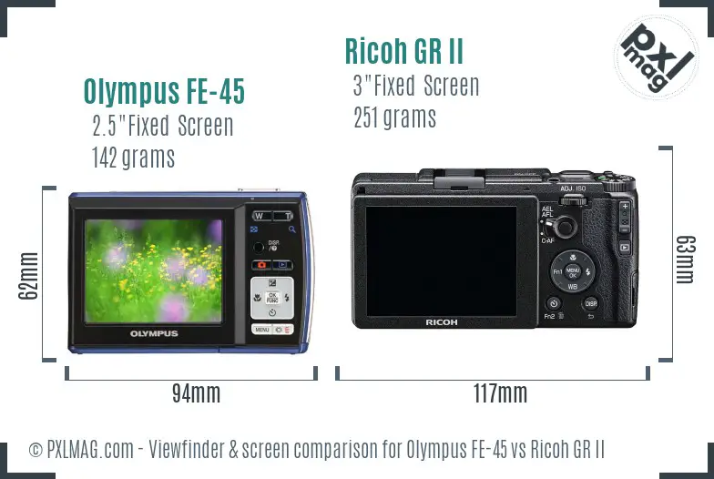Olympus FE-45 vs Ricoh GR II Screen and Viewfinder comparison