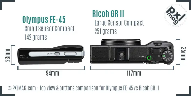Olympus FE-45 vs Ricoh GR II top view buttons comparison