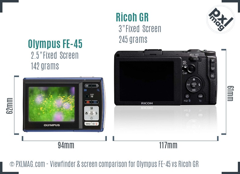 Olympus FE-45 vs Ricoh GR Screen and Viewfinder comparison