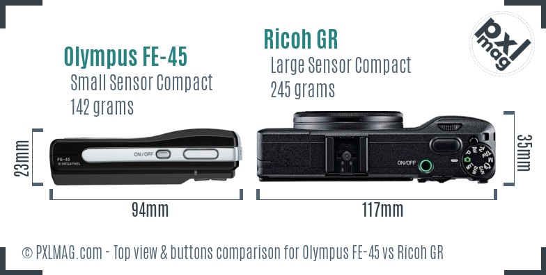 Olympus FE-45 vs Ricoh GR top view buttons comparison