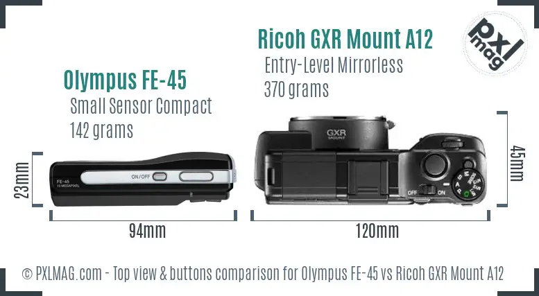 Olympus FE-45 vs Ricoh GXR Mount A12 top view buttons comparison Olympus FE-45 vs Ricoh GXR Mount A12 top view buttons comparison