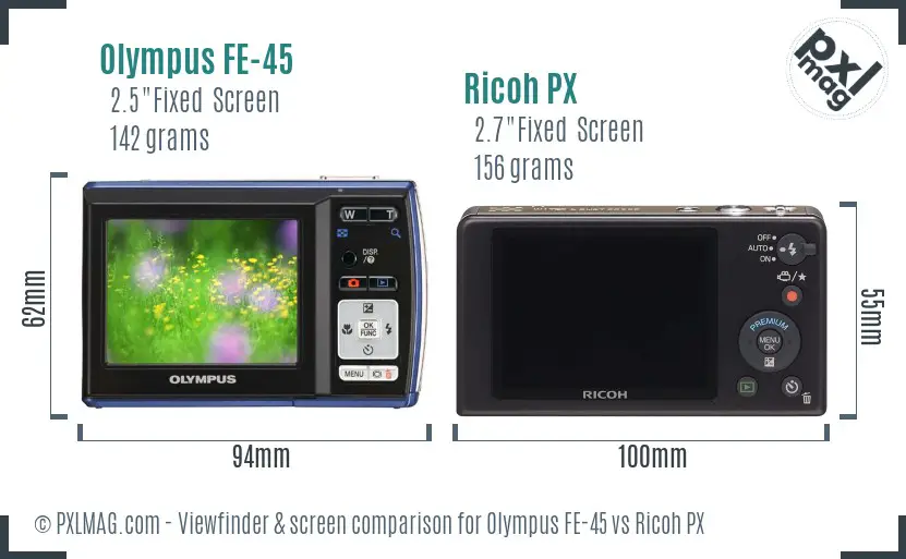 Olympus FE-45 vs Ricoh PX Screen and Viewfinder comparison