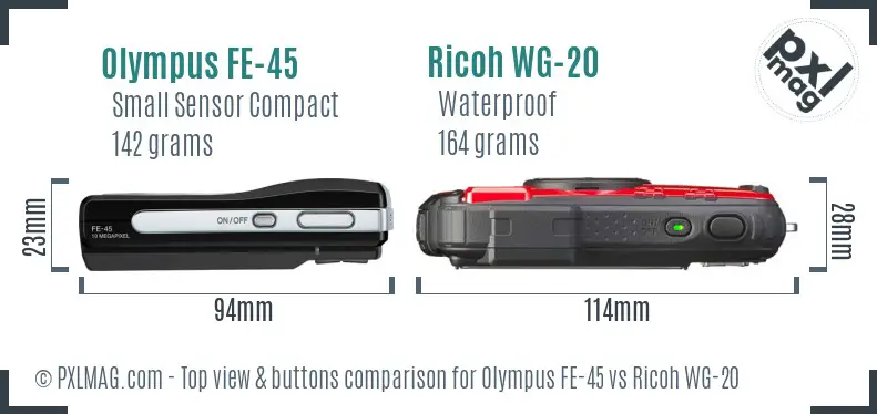 Olympus FE-45 vs Ricoh WG-20 top view buttons comparison