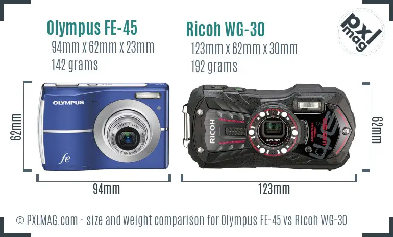 Olympus FE-45 vs Ricoh WG-30 size comparison