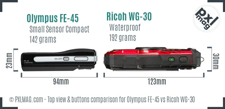 Olympus FE-45 vs Ricoh WG-30 top view buttons comparison