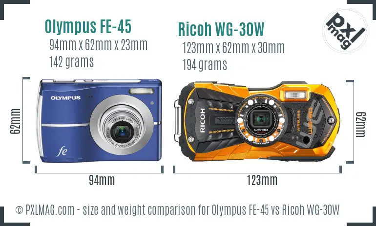 Olympus FE-45 vs Ricoh WG-30W size comparison