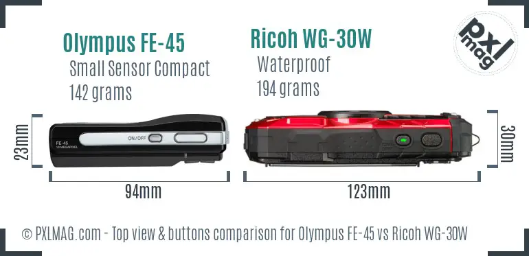 Olympus FE-45 vs Ricoh WG-30W top view buttons comparison