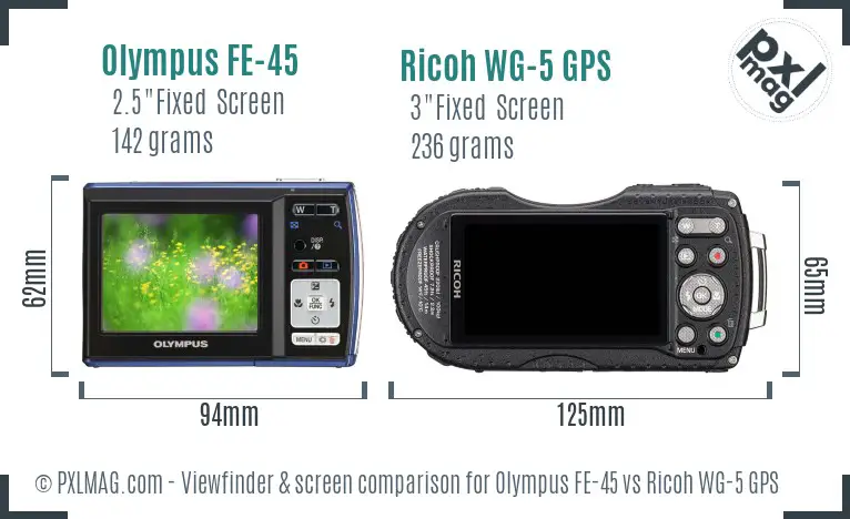 Olympus FE-45 vs Ricoh WG-5 GPS Screen and Viewfinder comparison