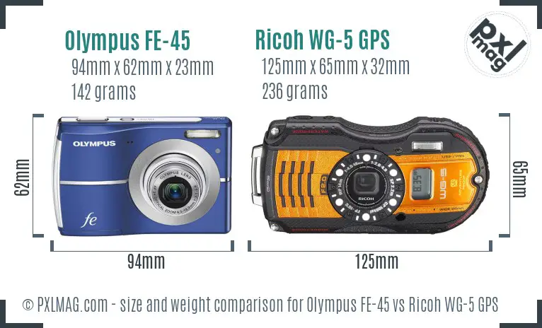 Olympus FE-45 vs Ricoh WG-5 GPS size comparison