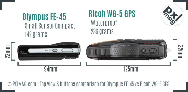 Olympus FE-45 vs Ricoh WG-5 GPS top view buttons comparison