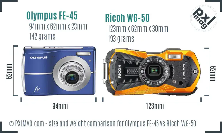 Olympus FE-45 vs Ricoh WG-50 size comparison