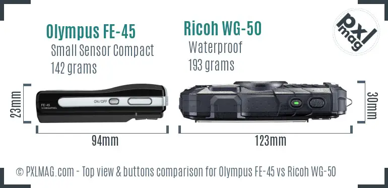 Olympus FE-45 vs Ricoh WG-50 top view buttons comparison