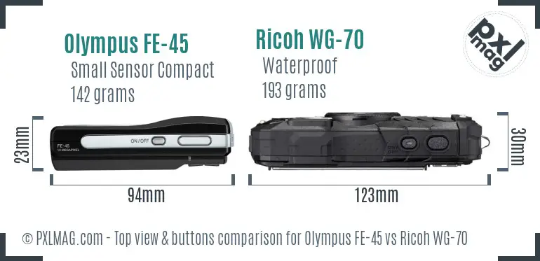 Olympus FE-45 vs Ricoh WG-70 top view buttons comparison