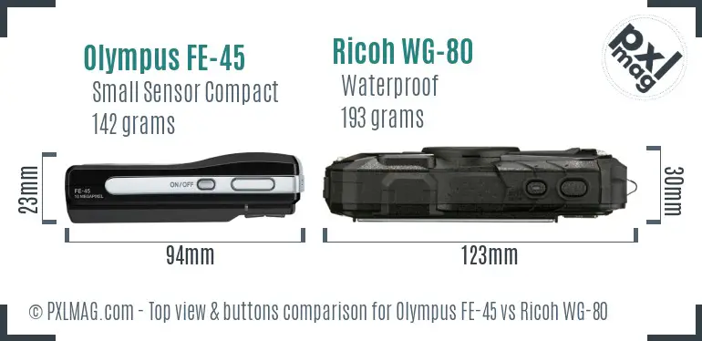 Olympus FE-45 vs Ricoh WG-80 top view buttons comparison